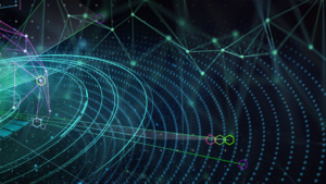 Decorative image of concentric circles of light with linked points of light at the top.