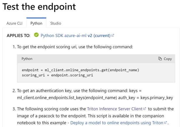 Screenshot of a test endpoint page on Azure Machine Learning endpoints.