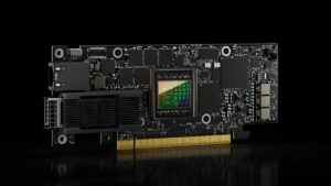 Photo of NVIDIA BlueField SuperNIC on a black background.
