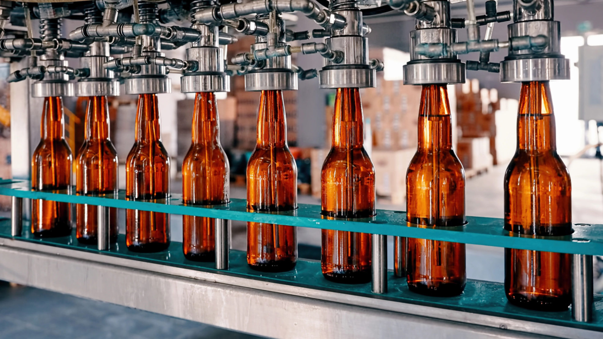 An image of bottles in a manufacturing processing plant.