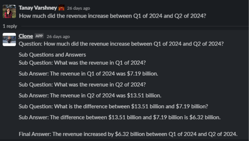 Screenshot of an agent called Clone providing answers to a complex question related to earnings.