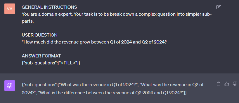 Screenshot of an LLM response following the prompt of breaking a question into subparts: What was the revenue in Q1, the revenue in Q2, and the difference between the two?