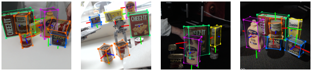 Four images of a collection of different objects. Each image shows 3D bounding boxes and corresponding pose axes around each object. 