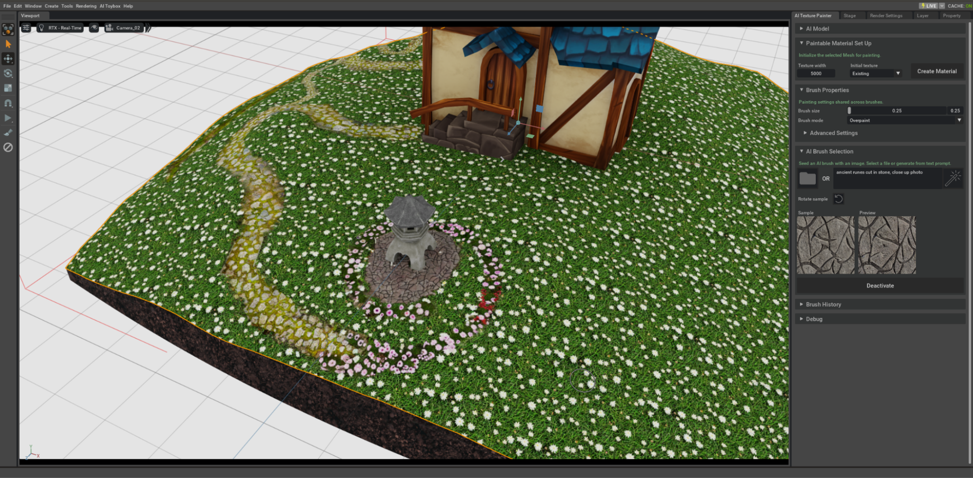In this Omniverse screenshot, a stone base is painted for the pagoda with a runes texture.