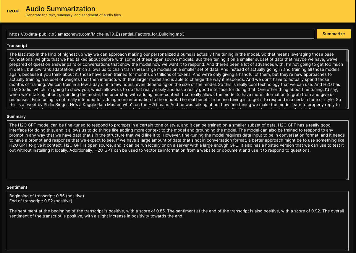 Screenshot of the interface for viewing transcript, AI-generated summary, and sentiment.