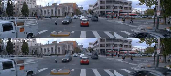 Example of EmerNeRF reconstructing dynamic driving scene: busy intersection with cars.