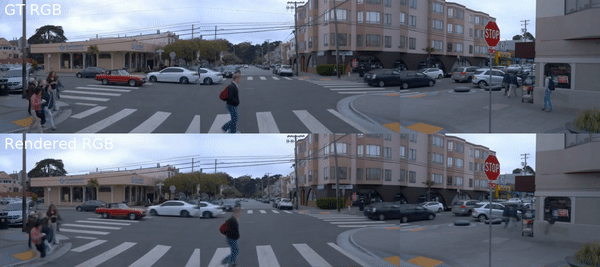 Example of EmerNeRF reconstructing dynamic driving scene: busy intersection with pedestrians.
