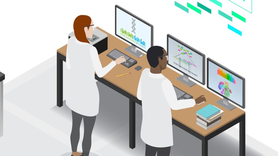 Graphic of two people in white coats standing in front of monitors and keyboards.