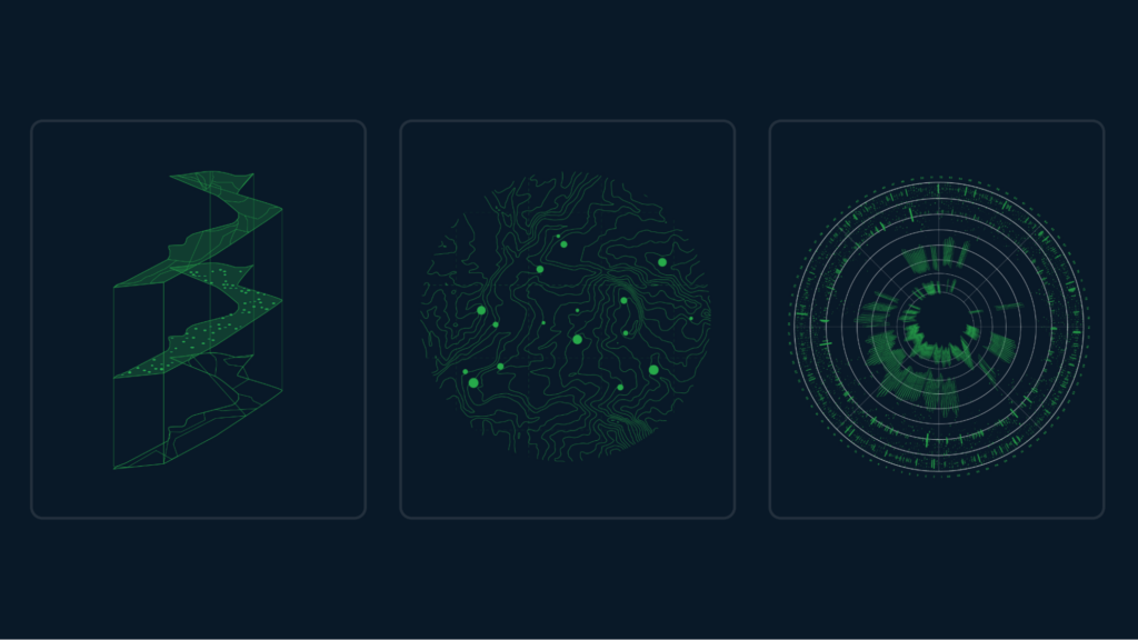 A triptych of digital graphics showcasing biomolecular structures resembling biomes, DNA, cells, and data points.