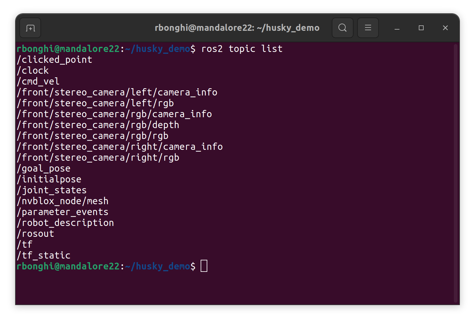 Husky ROS 2 topics on terminal screenshot.