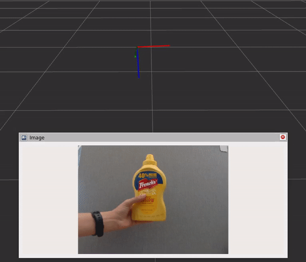 GIF showing the camera view of a bottle of mustard being moved around and Isaac ROS DOPE being used to estimate the pose of this bottle. The output pose results are visualized as 3D axis on an RViz window.