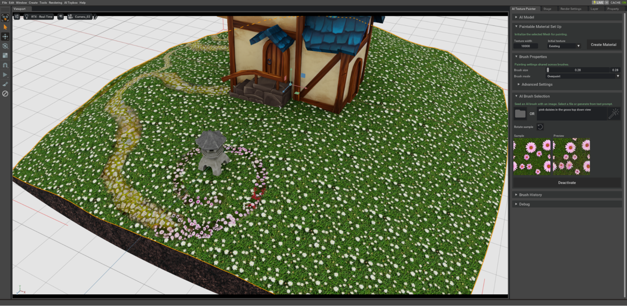 NVIDIA Omniverse interface showing a scene with a grass meadow and a pagoda. A windy stone path goes through the meadow and transitions to the pink daisies path seamlessly.