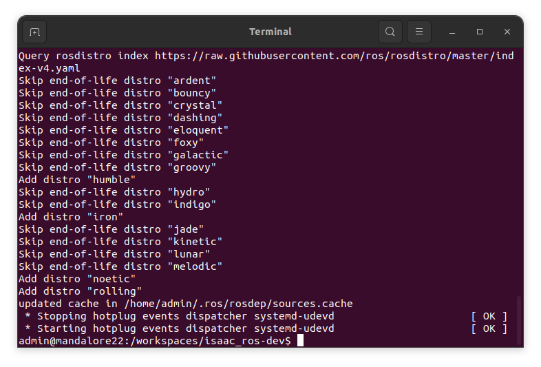 Screenshot of terminal with Isaac ROS prompt.
