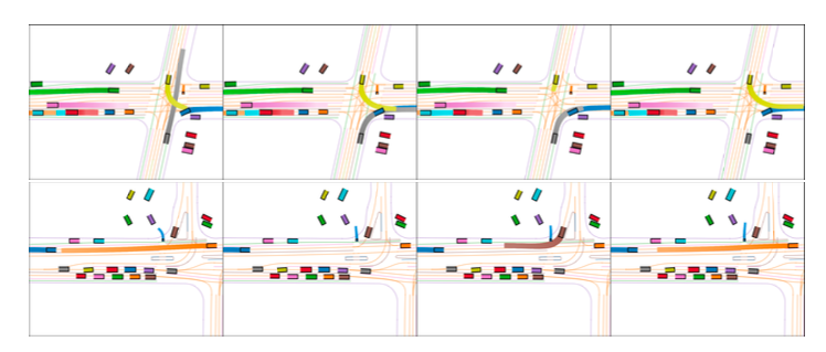 Eight different traffic scenarios showing various predicted trajectories based on the initial positions of the vehicles.