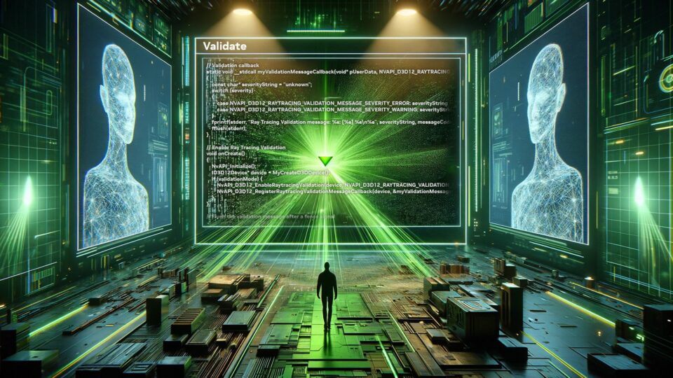 Decorative image of code block with green lightbeams shining on a figure walking on a computer chip between monitors.