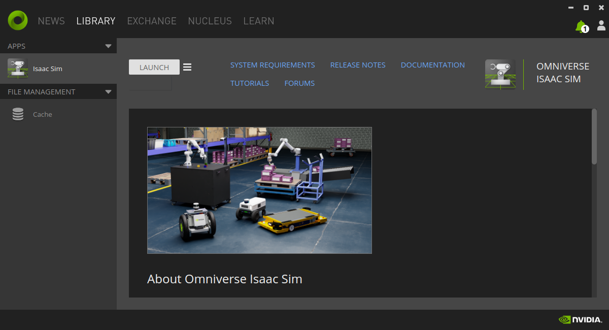 A screenshot of an NVIDIA Omniverse library page.