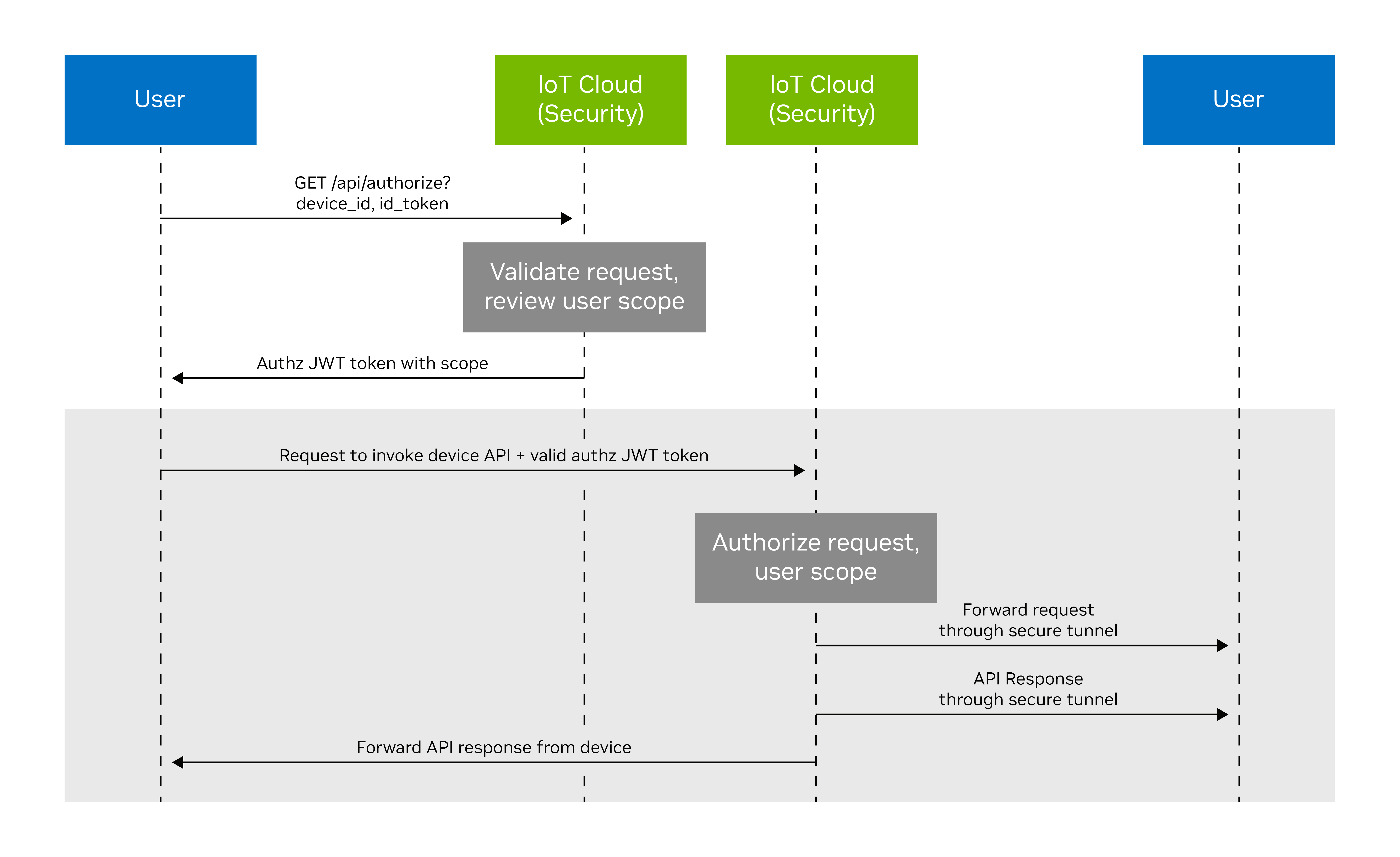 Call flow diagram showing the user initiating the authorization by requesting an authorization token from IoT cloud and using it to invoke the device APIs. 
