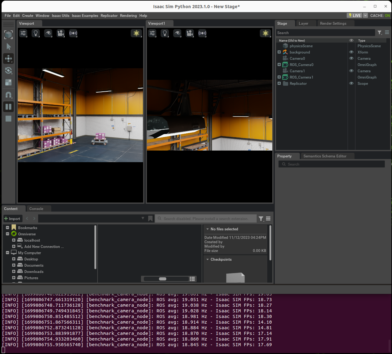A screenshot of an example camera output from Isaac Sim.