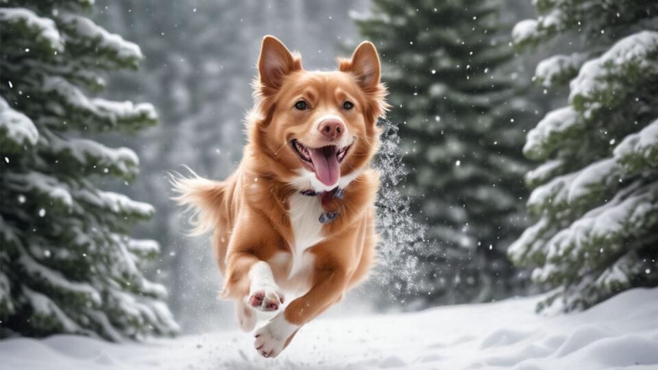 Photo of a dog racing through a snowy forest.