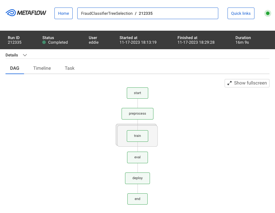 Screenshot from the Metaflow UI shows the workflow steps: start, preprocess, train, eval, deploy, and end.