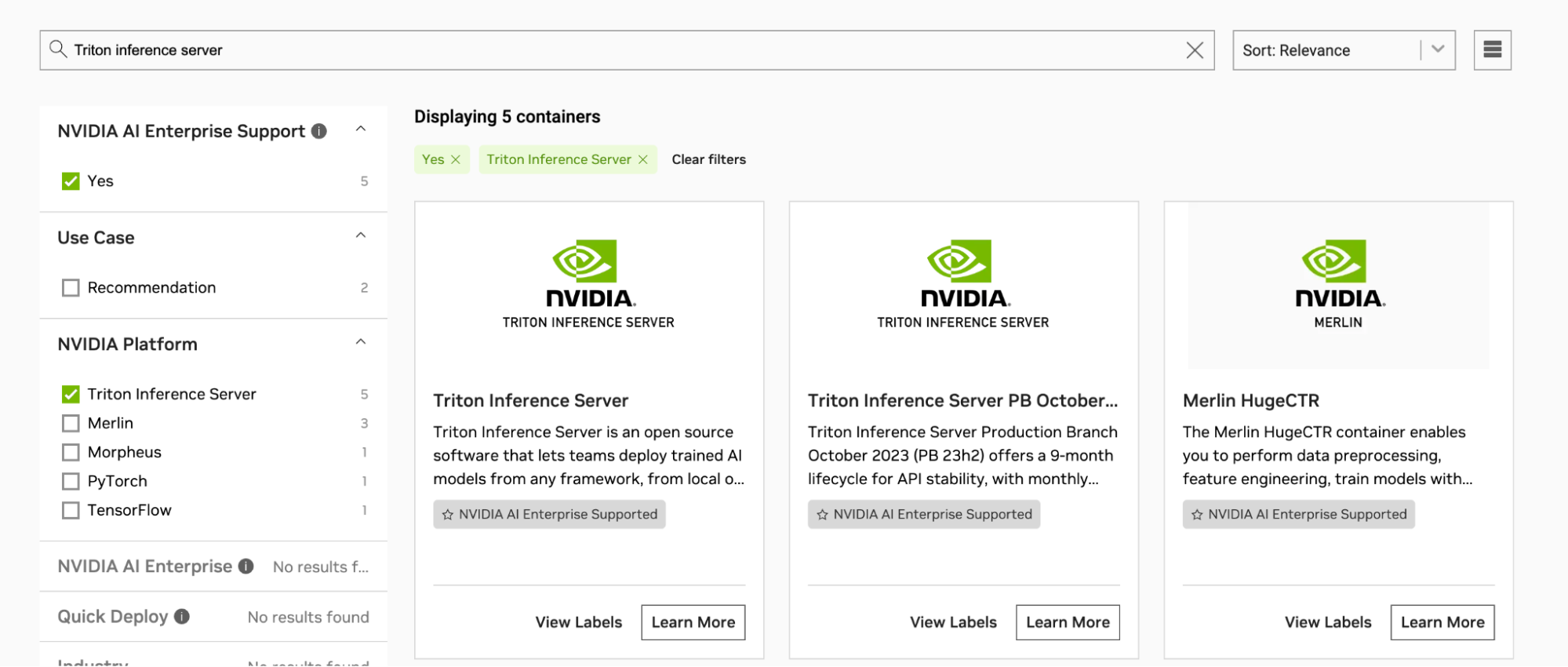 Image showing the search results for NVIDIA Triton Inference Server query.