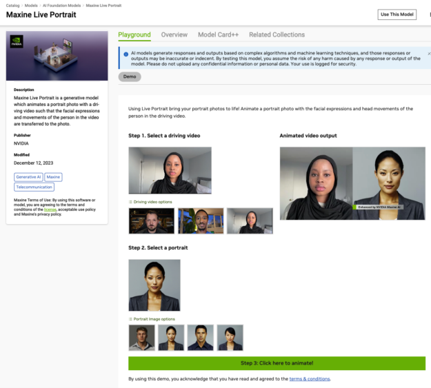 NVIDIA Maxine Live Portrait webpage as seen on NVIDIA AI Foundation Models.