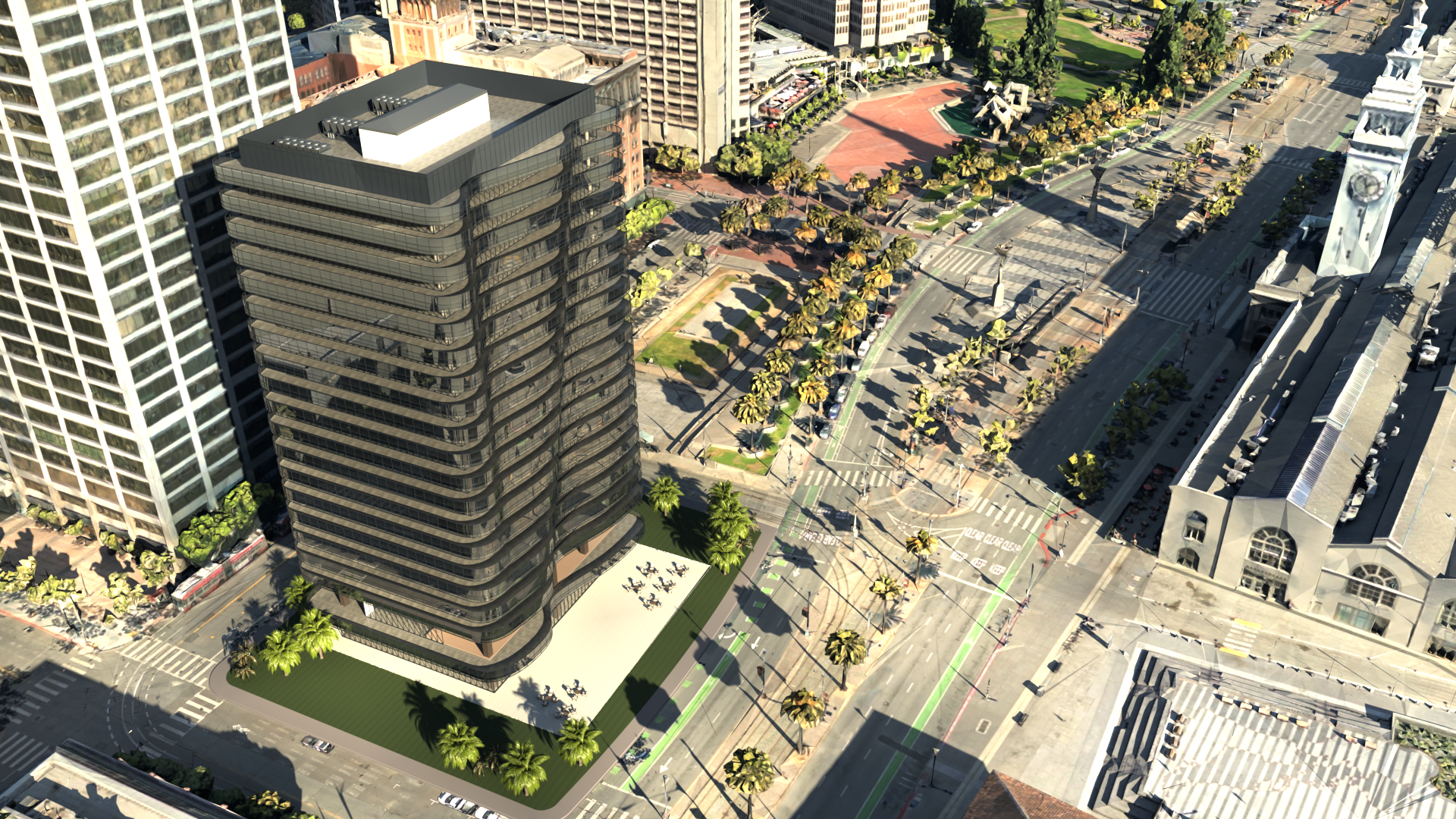 3D render of an office building in San Francisco that can be modified as part of the demo pack.