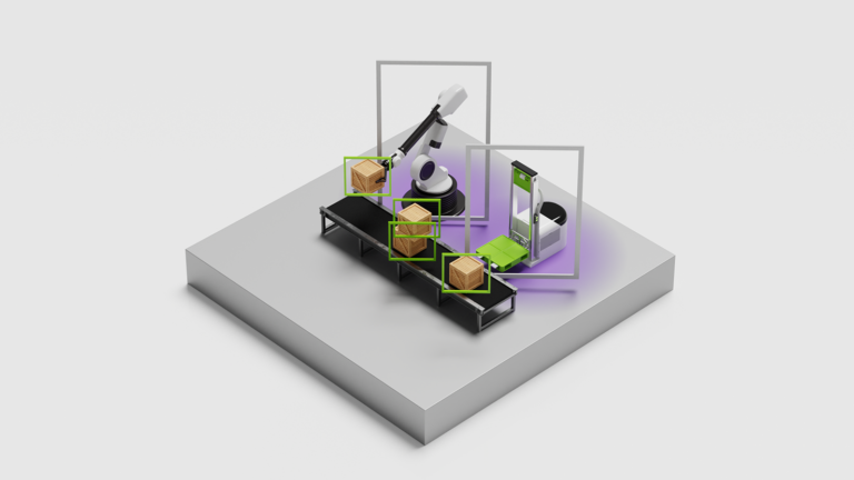 Decorative image of a robotic assembly line with bounding boxes.