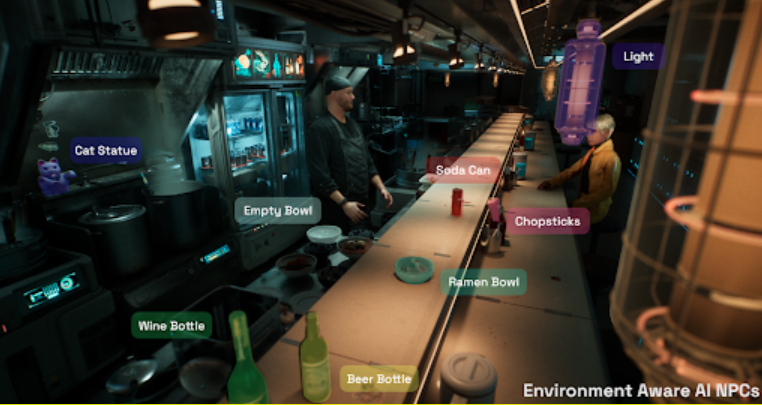 Visual from the NVIDIA Kairos demo of labeled items in the ramen shop that AI NPCs are aware of.