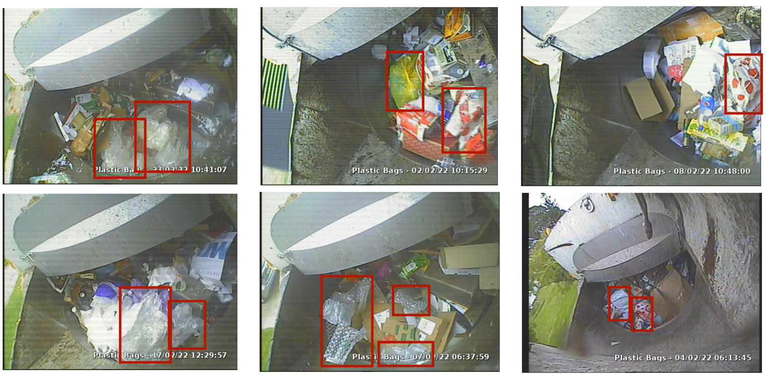 Six images showing selected samples from the Remondis Contamination Dataset with bounding box annotations.
