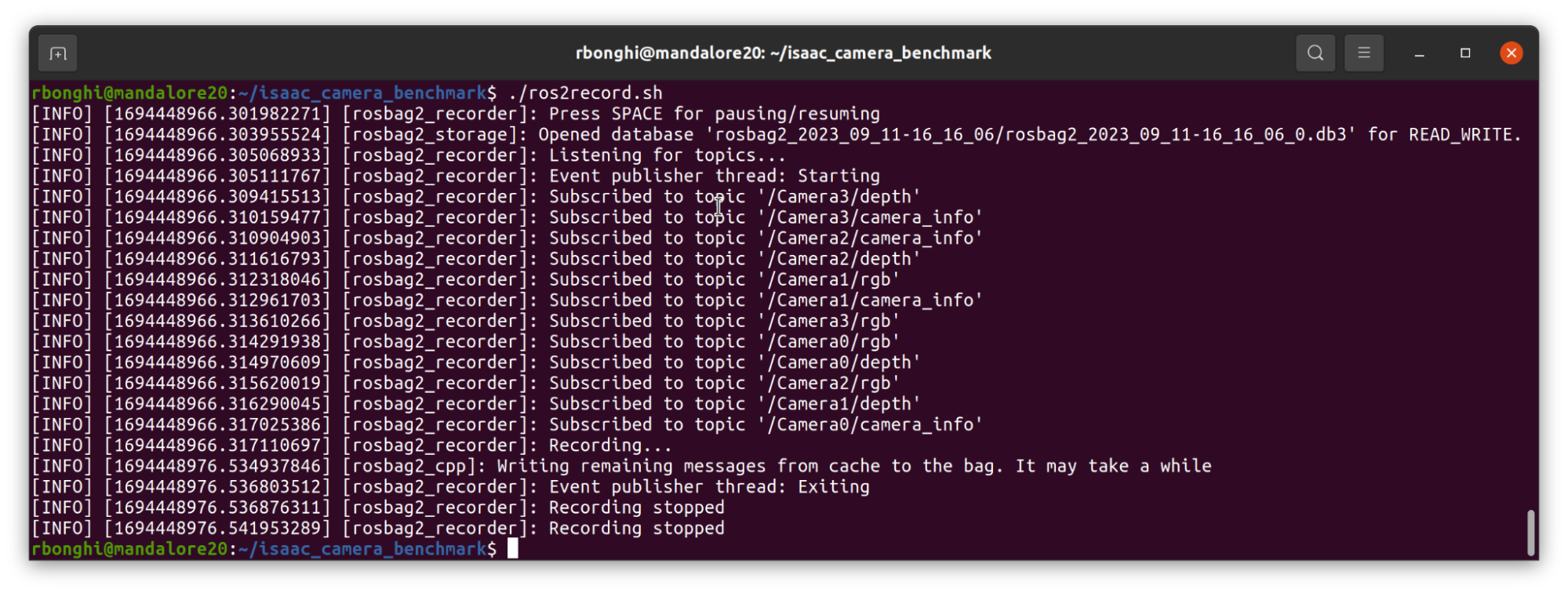 A screenshot of the ros2record terminal script.