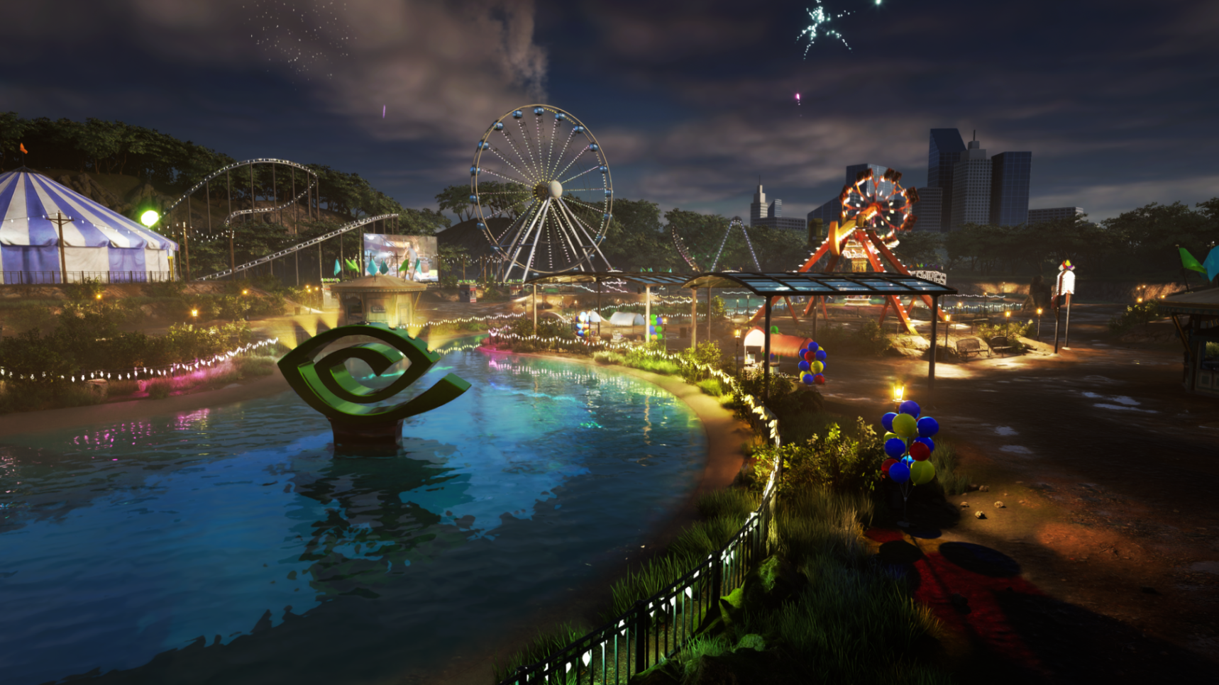 Rich image of a carnival at night, with the NVIDIA logo as a pond sculpture in the foreground.