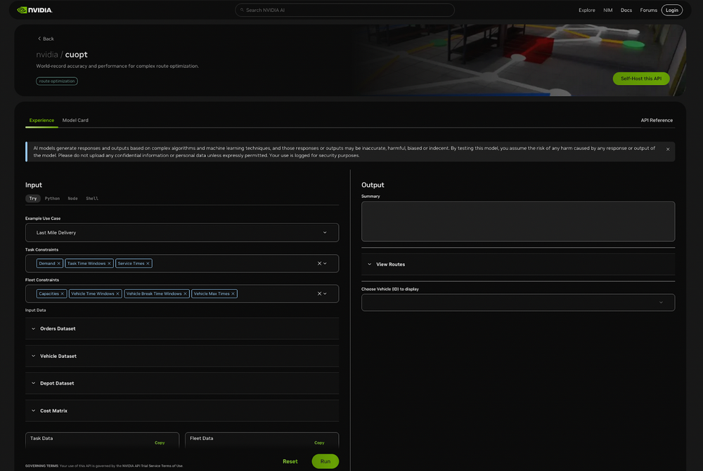 Screenshot of a UI-based demo in the NVIDIA API catalog where a user can try the cuOpt accelerated optimization engine.