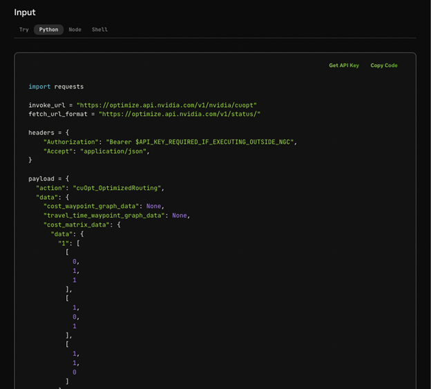 Screenshot of NVIDIA cuOpt API-based demo input cell of the API call