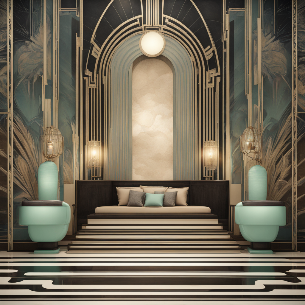 Output image features a symmetrical arrangement with a bed surrounded by two lamps on each side. The wall behind the bed features vertical golden stripes and a central alcove with a spherical light fixture above it, and the floor shows horizontal black and white stripes.