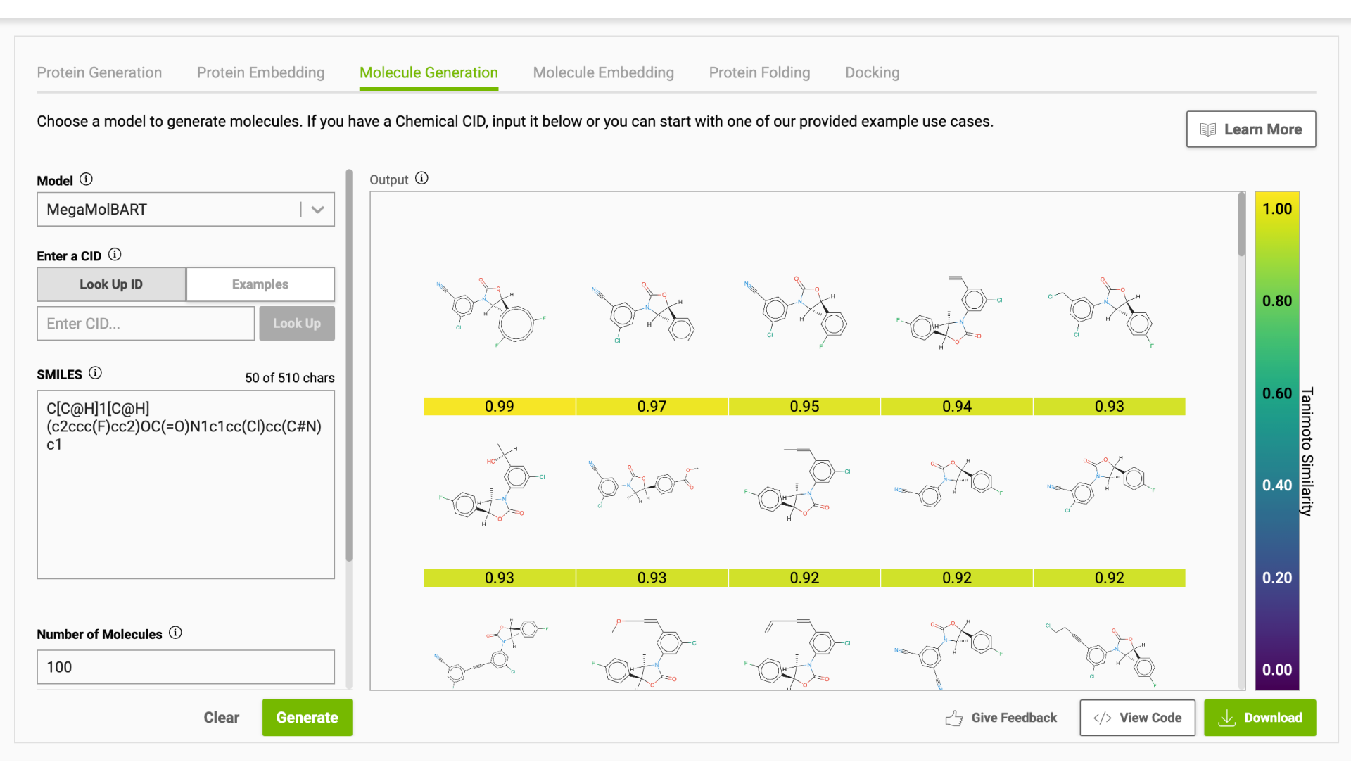 Screenshot of BioNeMo Playground showing examples of the molecules generated using MegaMolBART.
