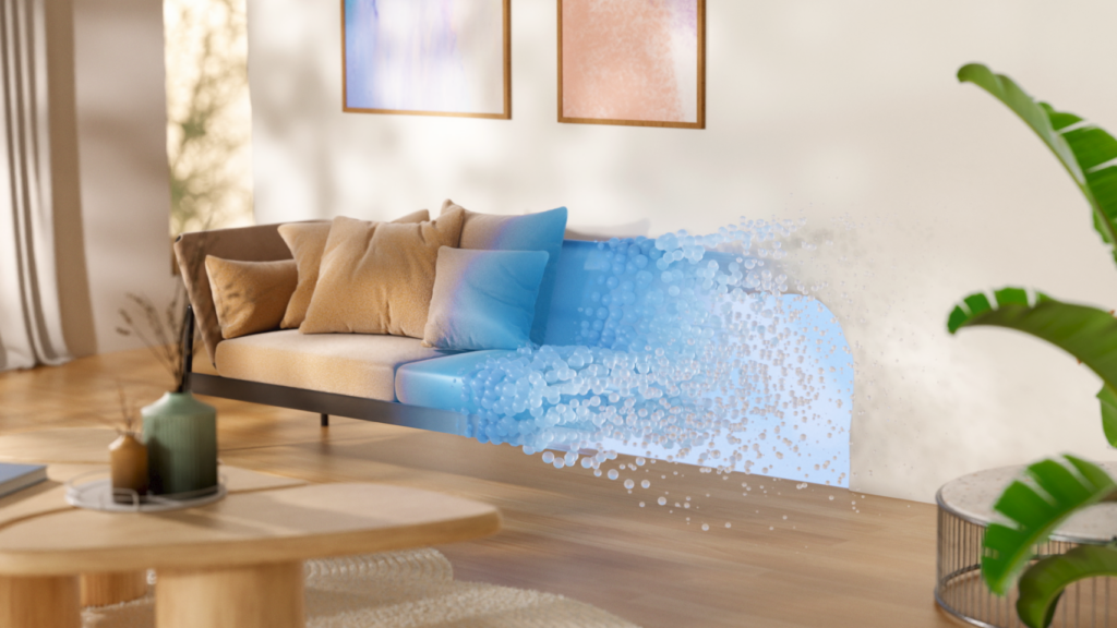 Image of a livingroom with a couch that is partially dissolved into pixels.