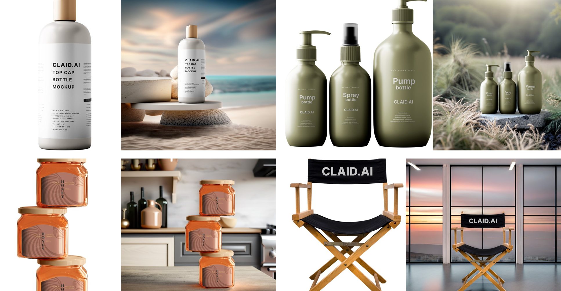 Compilation of four product mockups showcasing a cap bottle, pump bottle, jar, and chair. Each product mockup has two images: one with the object, and one with the object in front of an AI-generated background generated by Let’s Enhance.