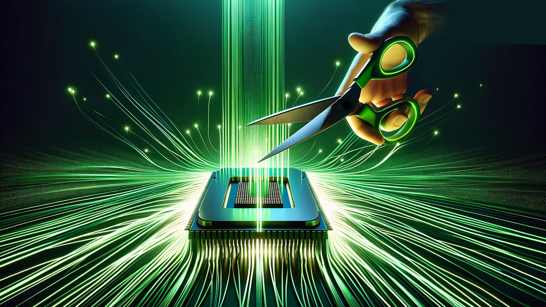Decorative image of scissors near a CPU with green light streaming out.