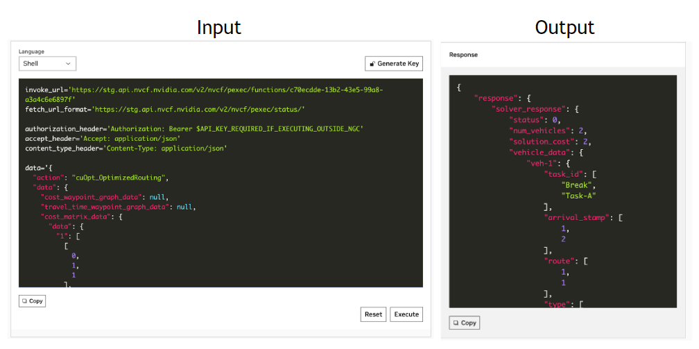 Screenshot of NVIDIA cuOpt API-based demo input and output cell of the API call.