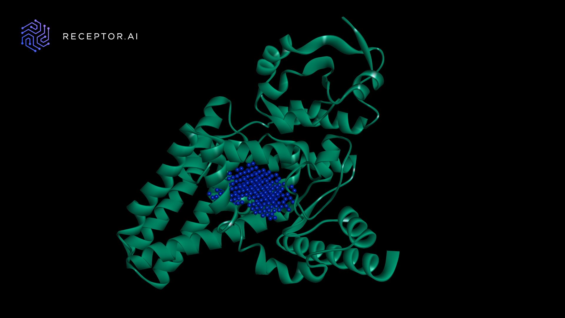 Model of the predicted 3D structure of FADS1 with the binding pocket location in the middle in blue.
