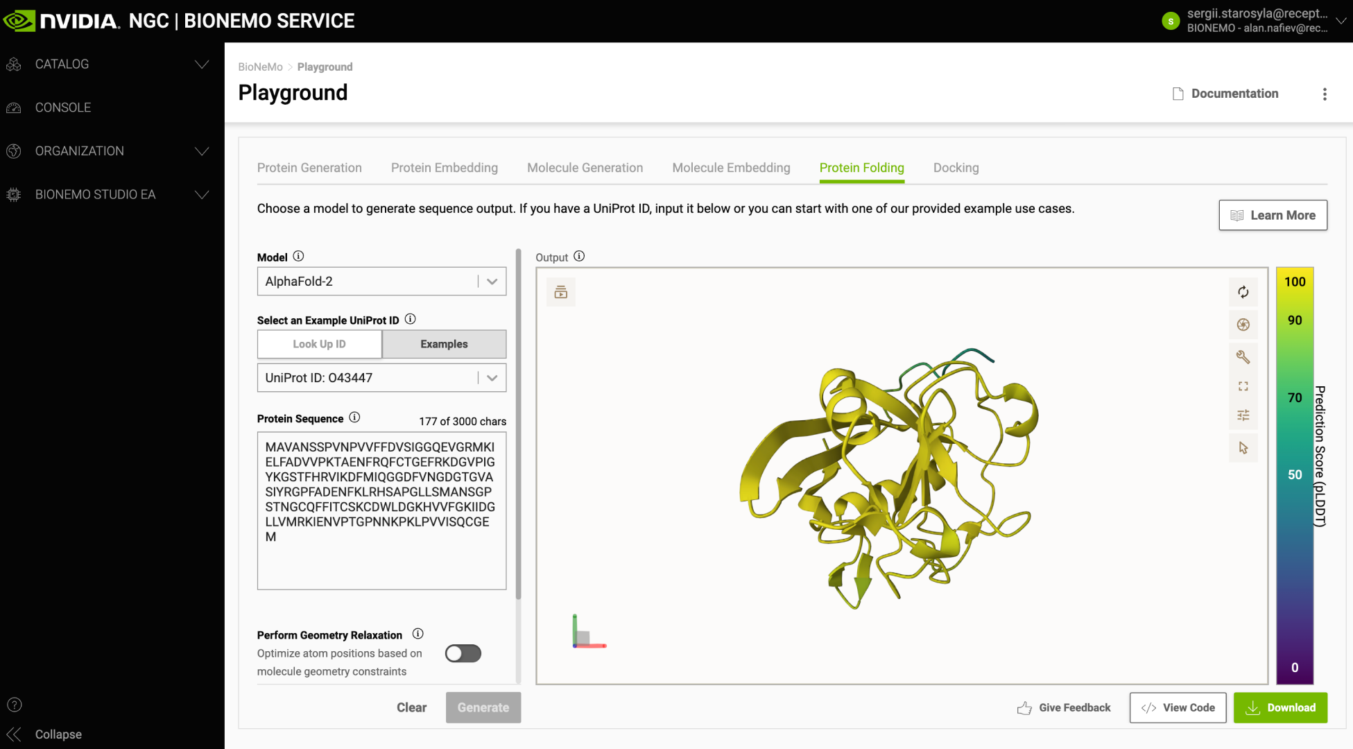 Screenshot of a protein folding model in NVIDIA BioNeMo Playground 