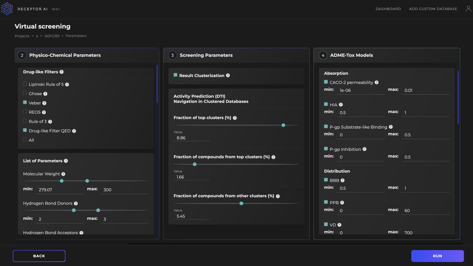 Screenshot of Receptor.AI platform virtual screening setup page.
