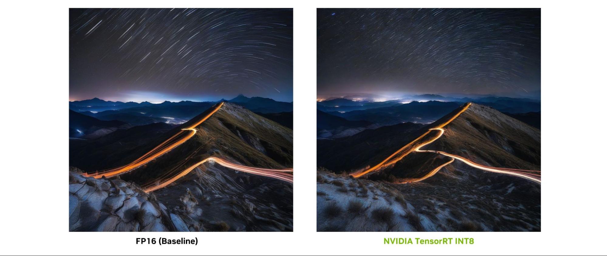 A comparison of two images, one generated using the baseline FP16 recipe and one generated using the INT8 quantization solution used in this MLPerf submission.