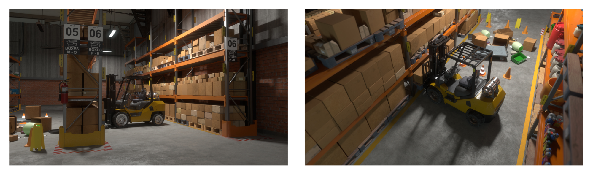Two angles of a warehouse simulation featuring a forklift retrieving boxes from storage racks using the new Omniverse OpenPBR material library.