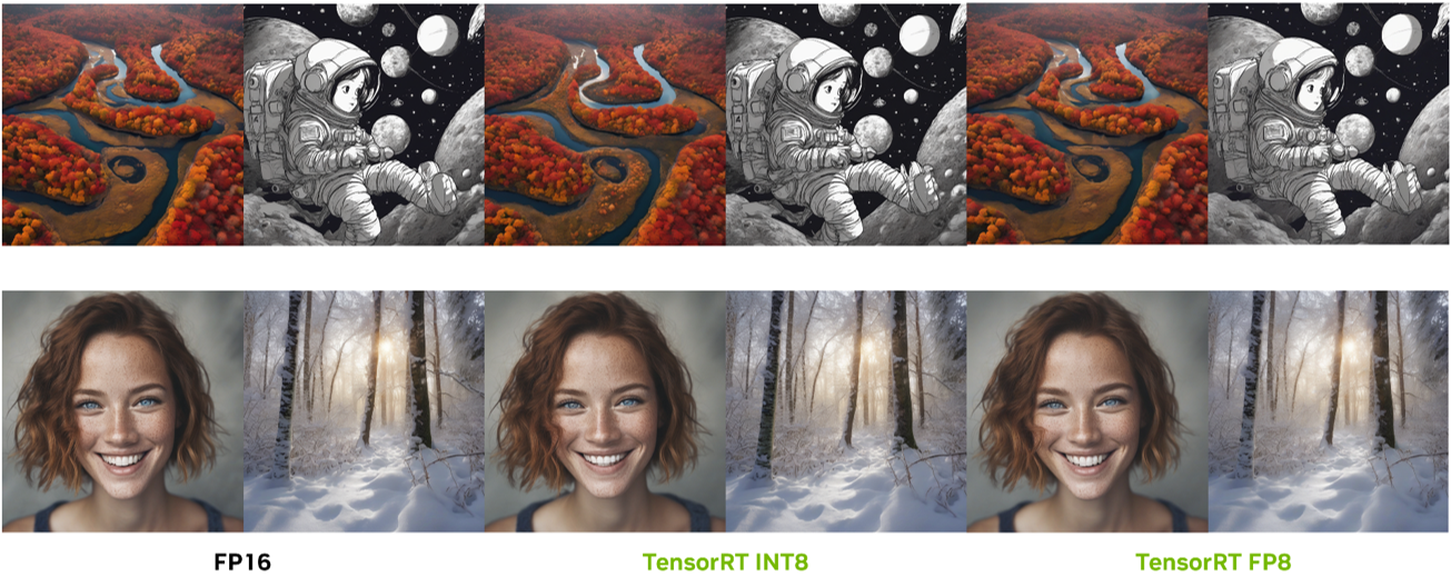 Output images to demonstrate that TensorRT INT8 and FP8 can preserve the image quality compared with the original FP16. 
