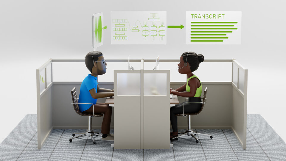 Image of two people sitting in their cubicles with speech recognition visualizations in the background.