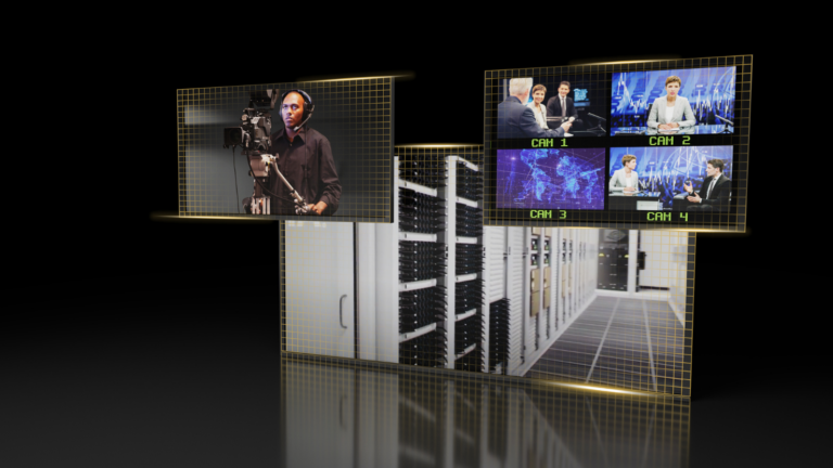 Decorative collage of media images superimposed on data center mockup.
