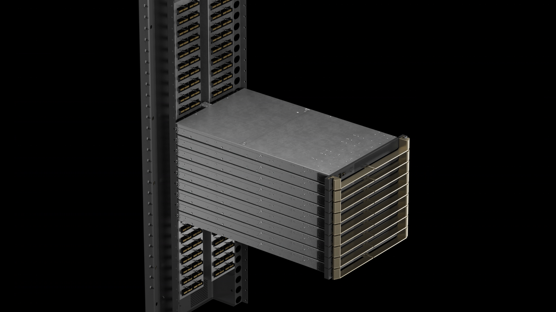 130 TB/s toplam NVLink bant genişliği sağlayan 9 NVLink Anahtar Tepsisi ve bir kablo kartuşuyla birlikte bir GB200 NVL72 anahtar sistemi gösterilmektedir.