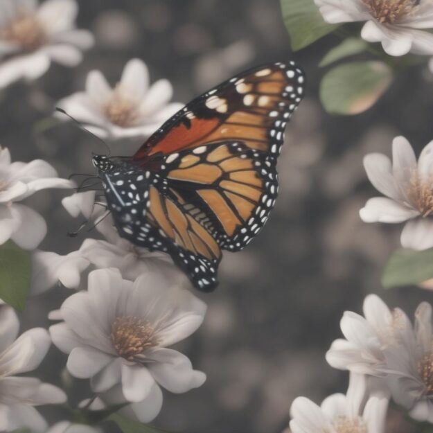 Left image shows butterfly on white flowers with a blurred background.